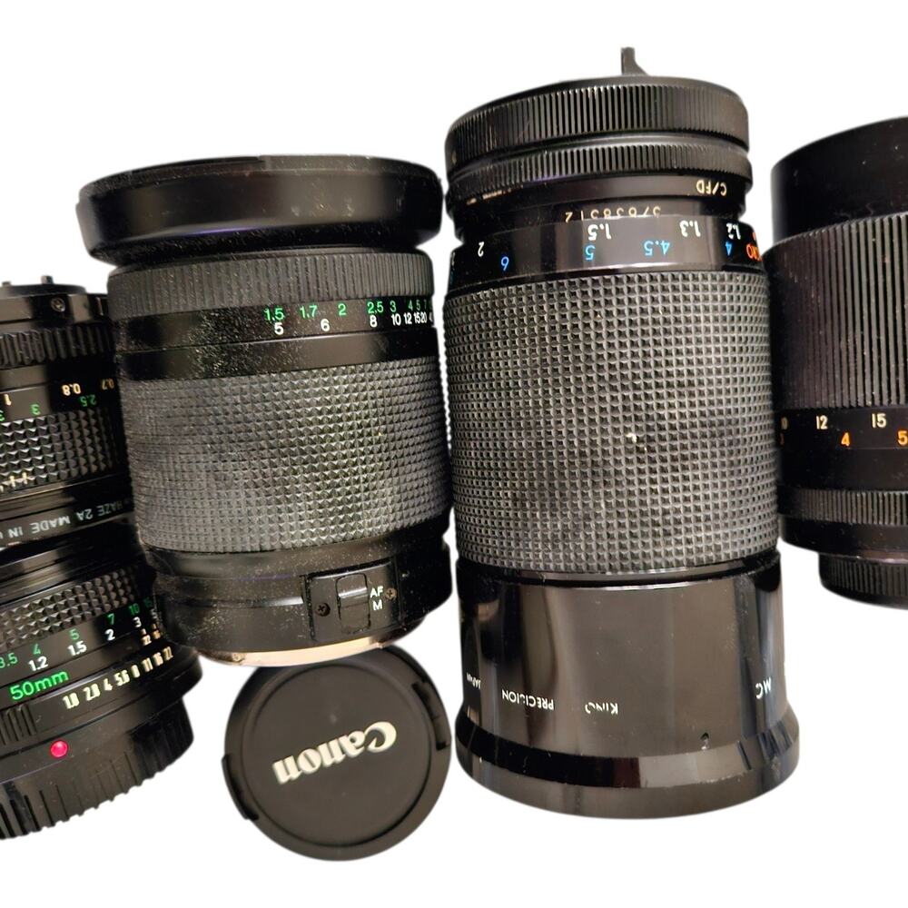Vintage Camera Lens Lot of 5 Canon FD 50mm f/1.4, FD 50mm f/1.8, Suntar, Phoenix